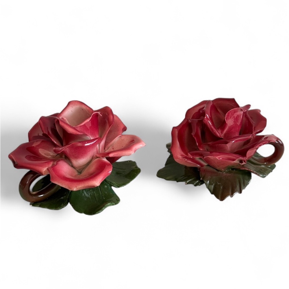 Vintage Capodimonte Pink Budding Rose Tapered Candle Holder Set Made in Italy